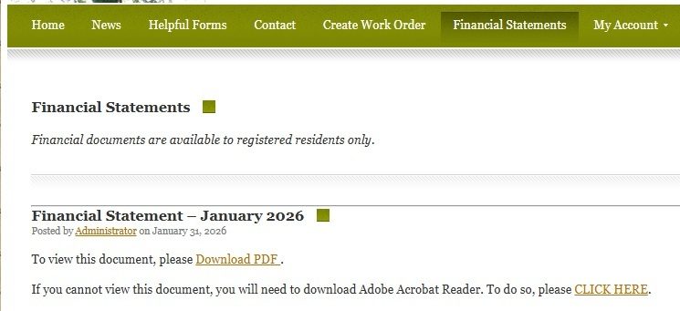 Resident portal showing monthly financial statements available for download
